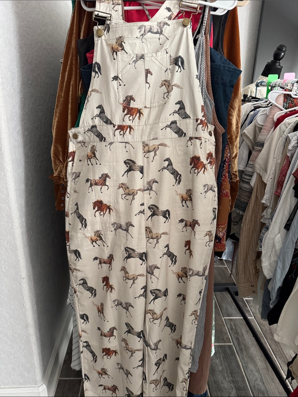 Cream Horse-Print Cotton Overalls Jumpsuit - Picture 2 of 4